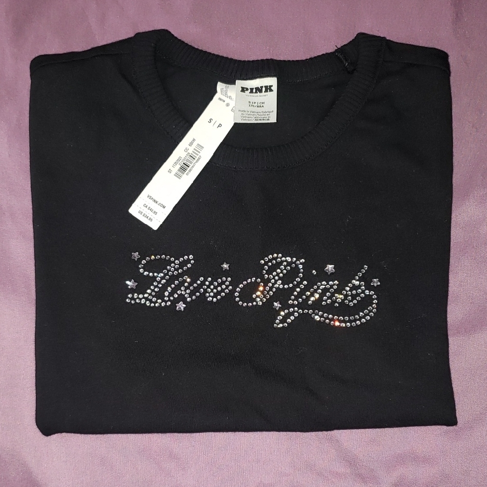 PINK Victoria's Secret Black Short Sleeve Tee with Rhinestone Logo